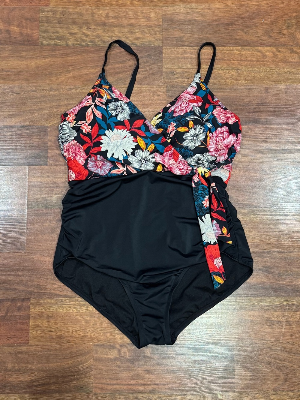 Time and Tru - Black One-Piece Swimsuit with Red and Pink Floral Print